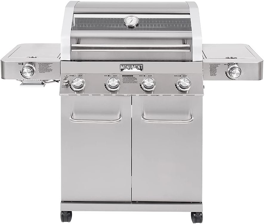 Monument Grills Larger 4-Burner Propane Gas Grills Stainless Steel Cabinet Style with Clear View Lid, LED Controls, Built in Thermometer, and Side  Infrared Side Sear Burners