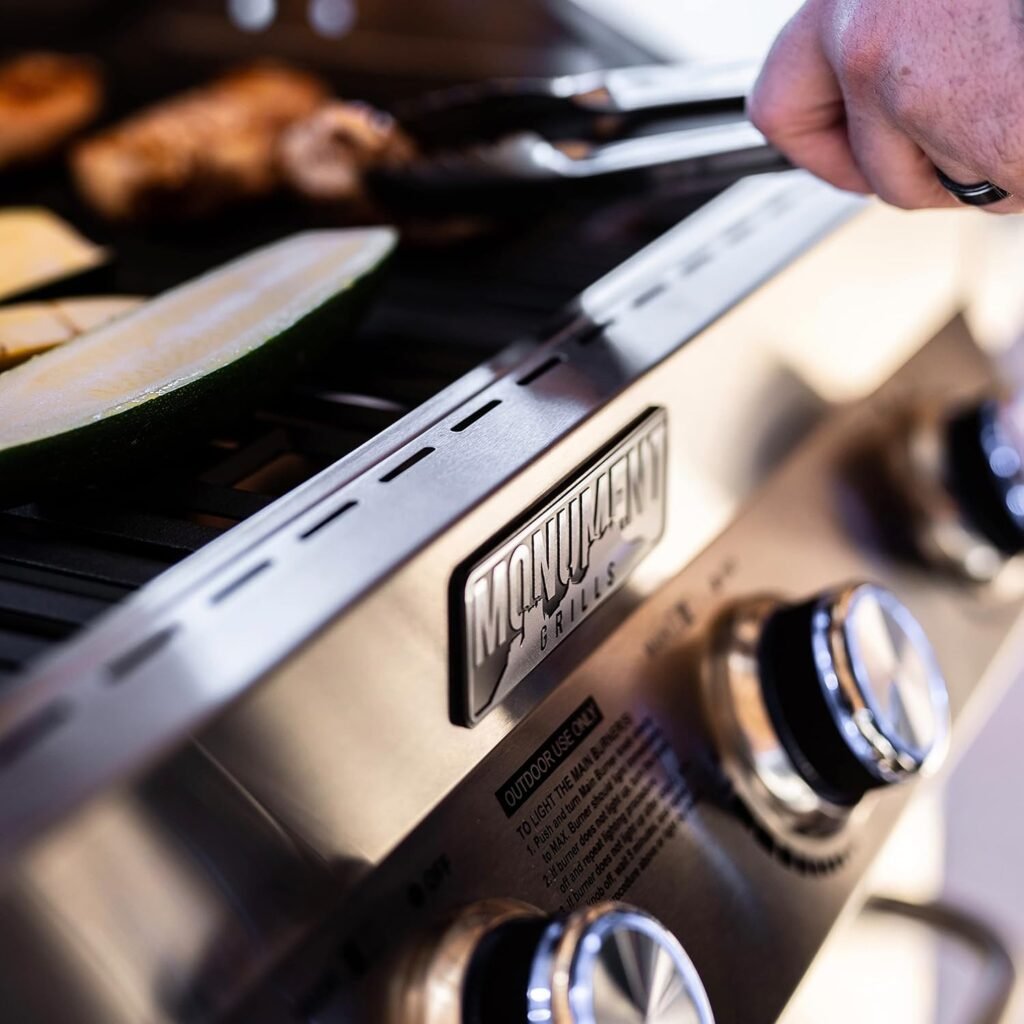 Monument Grills Larger 4-Burner Propane Gas Grills Stainless Steel Cabinet Style with Clear View Lid, LED Controls, Built in Thermometer, and Side  Infrared Side Sear Burners