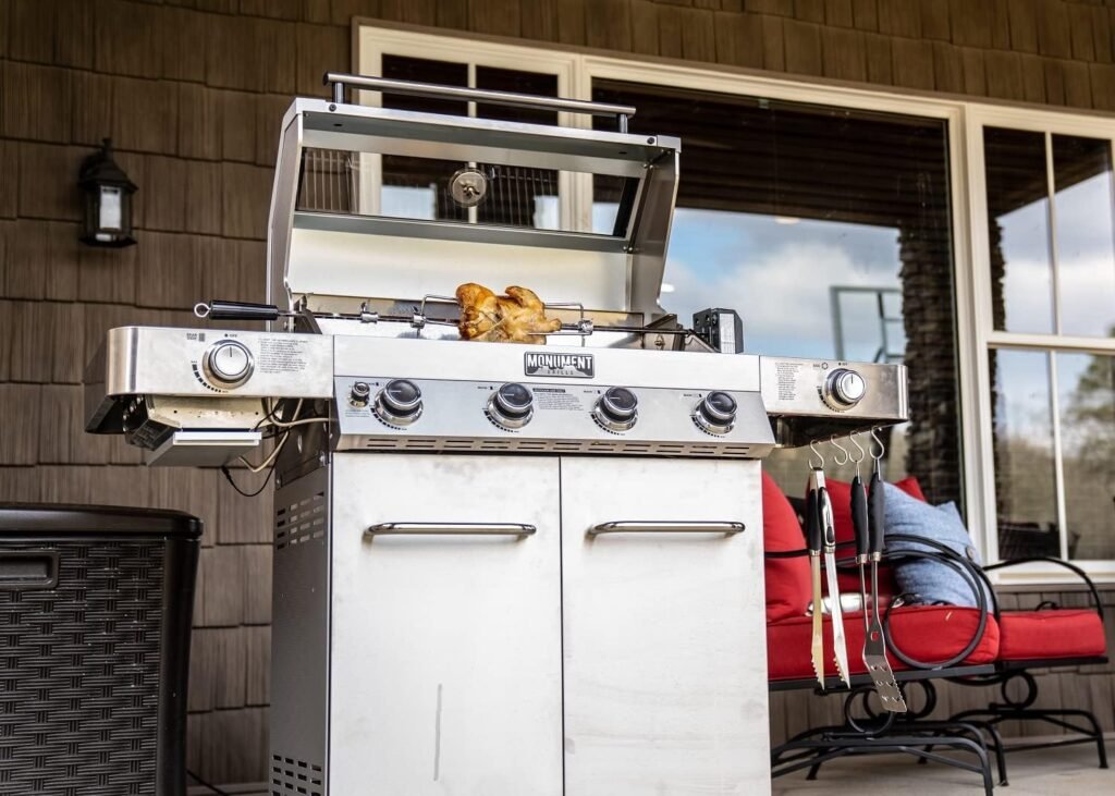 Monument Grills Larger 4-Burner Propane Gas Grills Stainless Steel Cabinet Style with Clear View Lid, LED Controls, Built in Thermometer, and Side  Infrared Side Sear Burners