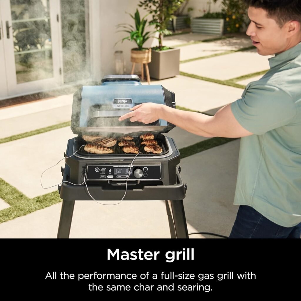 Ninja Woodfire Pro 7-in-1 Grill  Smoker with Thermometer, Air Fryer, BBQ, Bake, Roast, Broil - Portable Electric Outdoor Grill, Grey