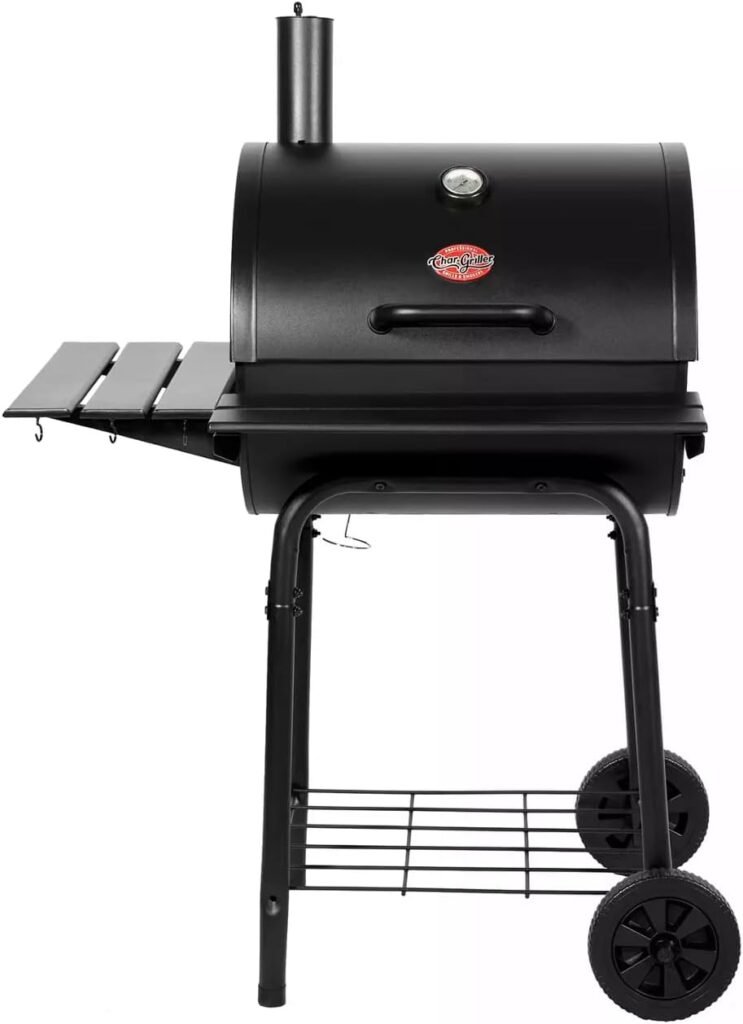 Char-Griller® Wrangler® Charcoal Grill in Black with Wood Shelves, EasyDump™ Ash Pan, Premium Wood Front and Side Shelves with Utensil Hooks, 640 Cooking Square Inches in Black, Model 2823