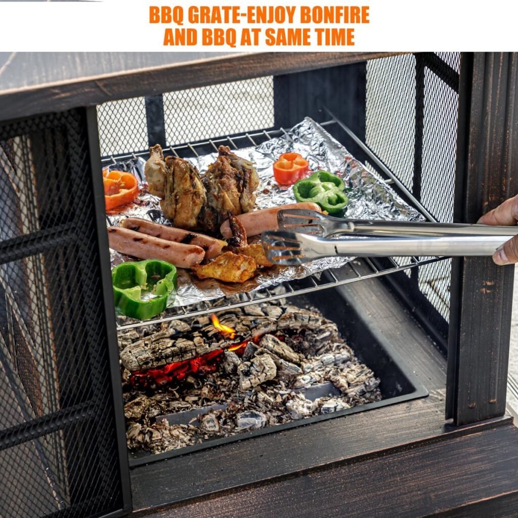 39.5 H×24.5 W Metal Chiminea Fire Pit, Wood Burning Fire Pits with Grill, Square Chimineas Fireplace with Mesh Spark Screen Doors Fire Poker, Firepit for Outside, Garden, Yard…