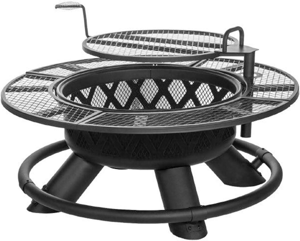 47 Steel Ranch Wood Burning Fire Pit Round Outdoor Fireplace with Adjustable Grill Top, Safety Ring, and Cooking Grate, Black