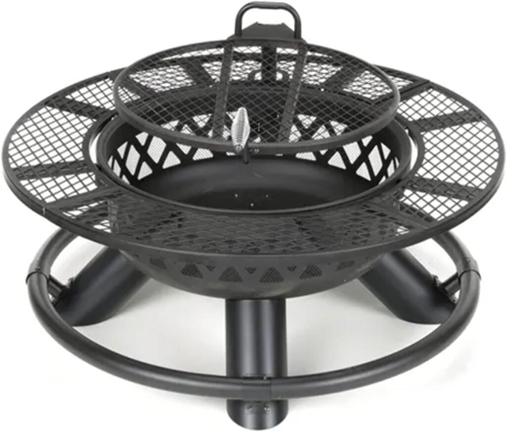 47 Steel Ranch Wood Burning Fire Pit Round Outdoor Fireplace with Adjustable Grill Top, Safety Ring, and Cooking Grate, Black