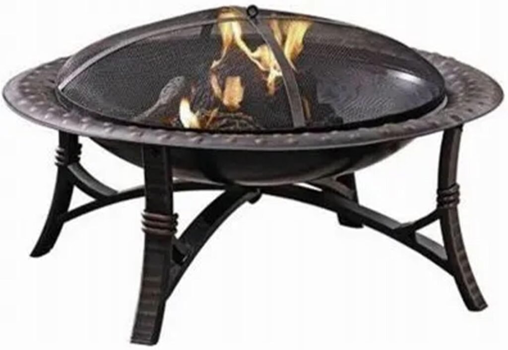 47 Steel Ranch Wood Burning Fire Pit Round Outdoor Fireplace with Adjustable Grill Top, Safety Ring, and Cooking Grate, Black