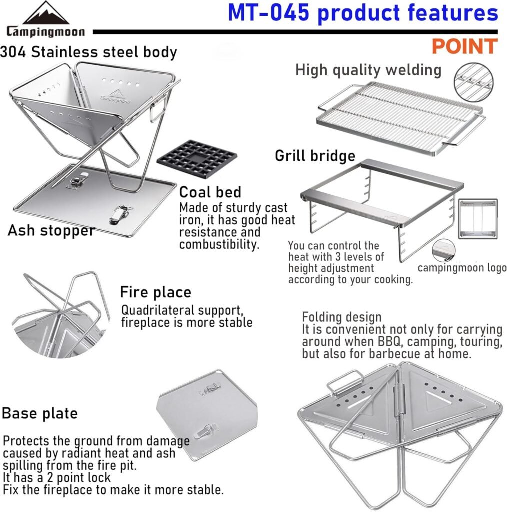 Campingmoon BBQ Grill Fire Pit Foldable Stainless Steel - Large MT-045