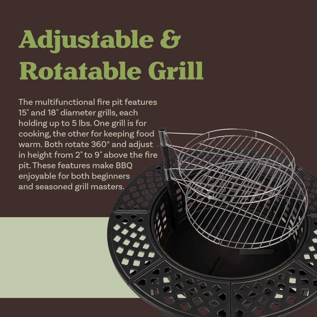 Fire Pit with Grill - 37” Round Fire Table Outdoor Firepit with 2 Grills, Lid, Poker and Cover - Fire Pits for Outside Wood Burning BBQ by Pure Garden