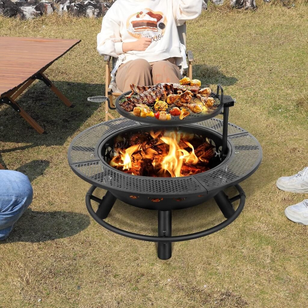 Hykolity 35 Inch Fire Pit with Cooking Grate and Charcoal Pan, Outdoor Wood Burning BBQ Grill Firepit Bowl with Cover Lid and Fire Poker, Steel Round Table for Backyard Bonfire Picnic Patio