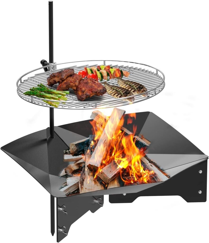 Onlyfire 2 in 1 Fire Pit with Campfire Grill Grate, 360° Rotatable  Height Adjustable Outdoor Swivel Camping Grill  Geometric Wood Burning Fire Pit Combo, 25 Fireplace  18 Cooking Rack