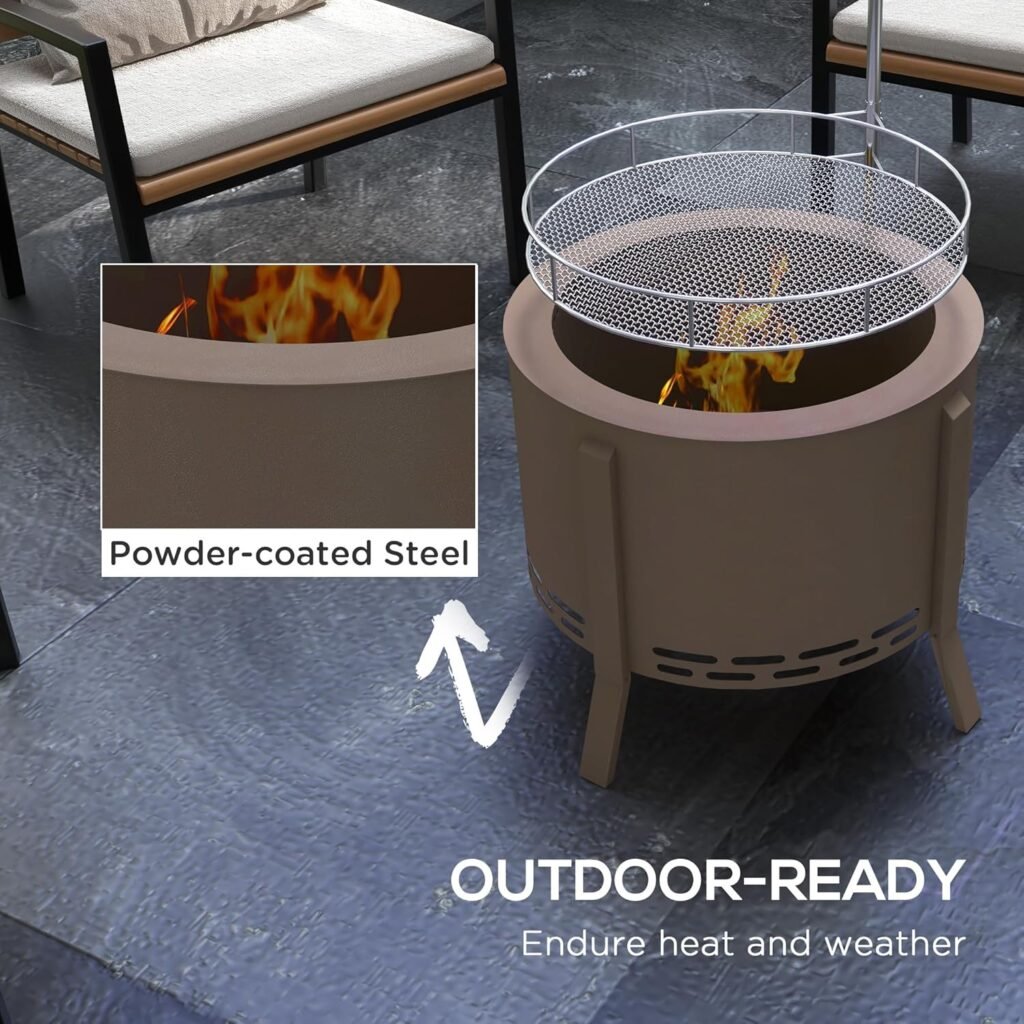 Outsunny 2-in-1 Smokeless Fire Pit, BBQ Grill, 19 Portable Wood Burning Firepit with Cooking Grate and Poker, Low Smoke Camping Bonfire Stove for Backyard Patio Picnic, Bronze