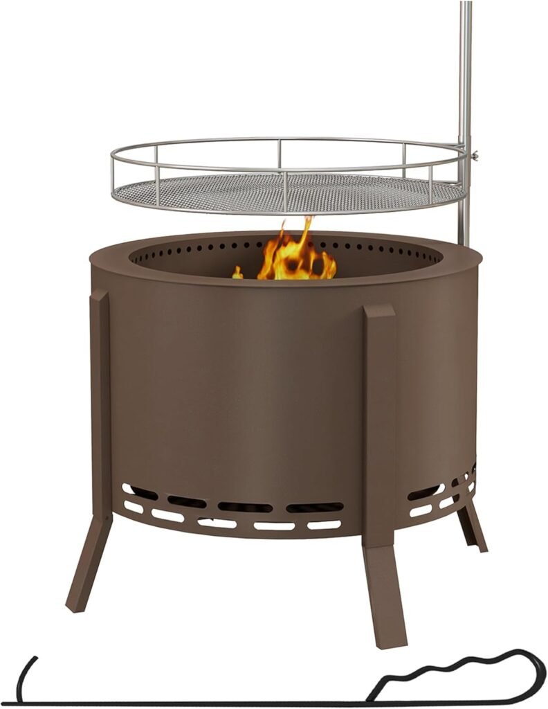 Outsunny 2-in-1 Smokeless Fire Pit, BBQ Grill, 19 Portable Wood Burning Firepit with Cooking Grate and Poker, Low Smoke Camping Bonfire Stove for Backyard Patio Picnic, Bronze