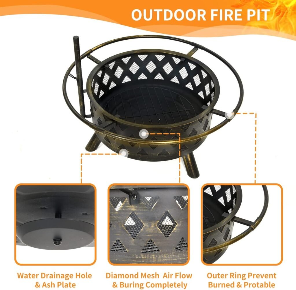 UDPATIO Fire Pit with Grill for Outside 30 Inch Outdoor Wood Burning Firepit Large Steel Firepit with Cooking Swivel BBQ Grill for Backyard Bonfire Patio