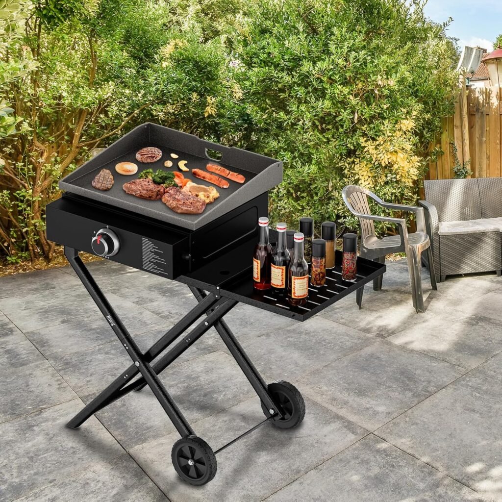 Portable Griddle Stand Trolley Compatible for Blackstone 17” 22 Propane Table Top Grill Stand,Outdoor Camping Cooking Station with Side Shelf,Take Along Outdoor Portable Grill Cart Black