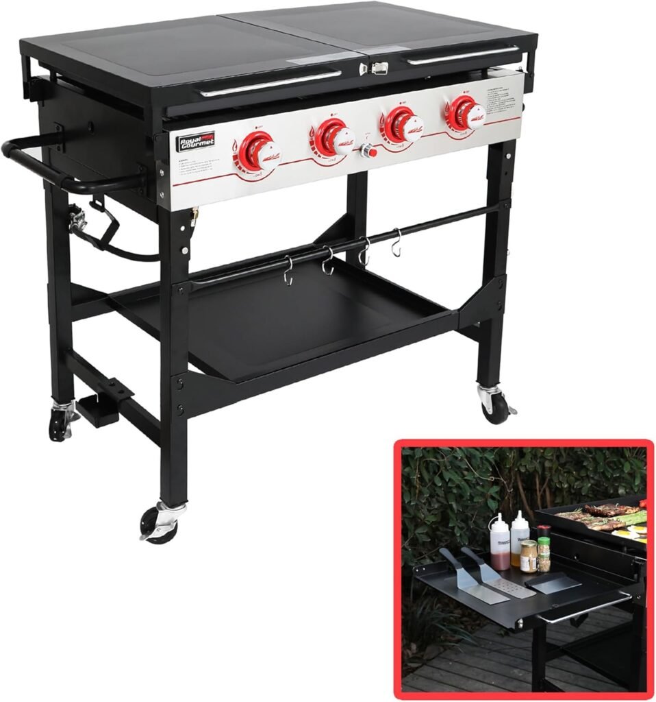 Royal Gourmet GB4000FC 36-Inch Gas Griddle with Cover, 4-Burner Flat Top Gas BBQ Grill with Top Cover Lid, Propane Fuelled, Outdoor Griddle Station with Folding Side Shelves and Legs, Black