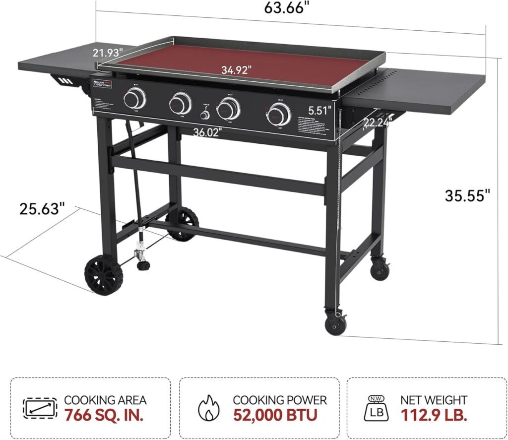 Royal Gourmet GB4001C-N 4-Burner Propane Gas Griddle with Cover, 35 Inch Outdoor Flat Top Grill Griddle with 52,000 BTUs Cooking Power for Barbecue Grilling, Black