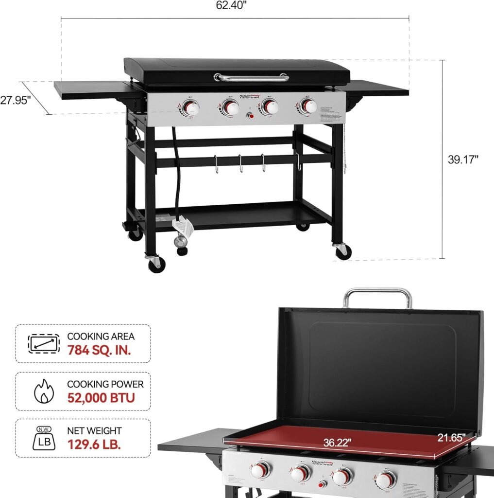 Royal Gourmet GB4002L 4-Burner Propane Gas Griddle with Hood, 36-Inch Flat Top Grill with Folding Side Shelves for Outdoor Cooking, Camping or Tailgating, Black