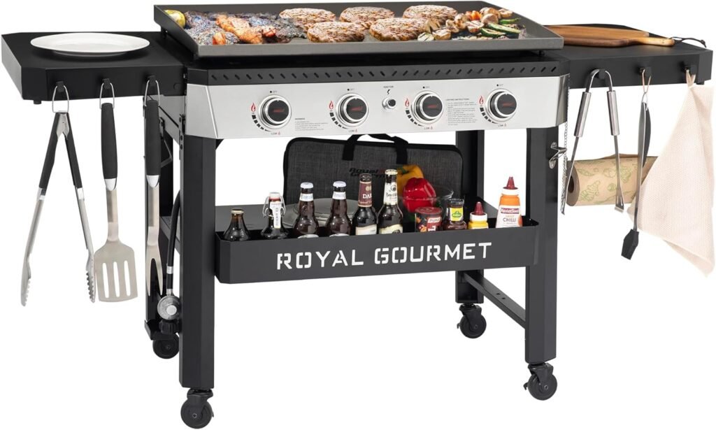 Royal Gourmet GB4007 4-Burner Propane Gas Griddle with Foldable Side Tables  Front Basket, 34-Inch Flat Top Grill with 52,000 BTUs for Outdoor Cooking like Camping or Tailgating, Black  Silver