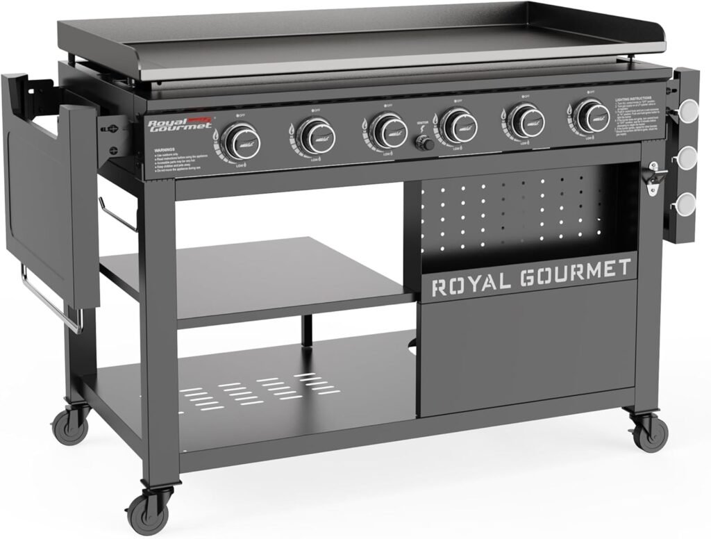 Royal Gourmet GB6000 6-Burner Propane Gas Griddle with Folding Side Tables, 44-Inch Flat Top Grill with Double-Layer Bottom Shelves for Outdoor Party or Backyard Barbecue, Black