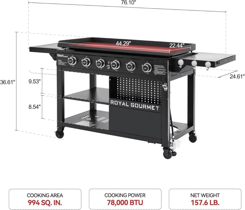 Royal Gourmet GB6000 6-Burner Propane Gas Griddle with Folding Side Tables, 44-Inch Flat Top Grill with Double-Layer Bottom Shelves for Outdoor Party or Backyard Barbecue, Black