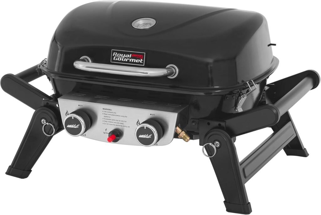 Royal Gourmet GT2005 2-Burner Tabletop Propane Gas Grill with Foldable Side Tables, Portable Grill with 17,000 BTUs  370 Sq. In. Cooking Area for for Outdoor Cooking  Grilling, Black