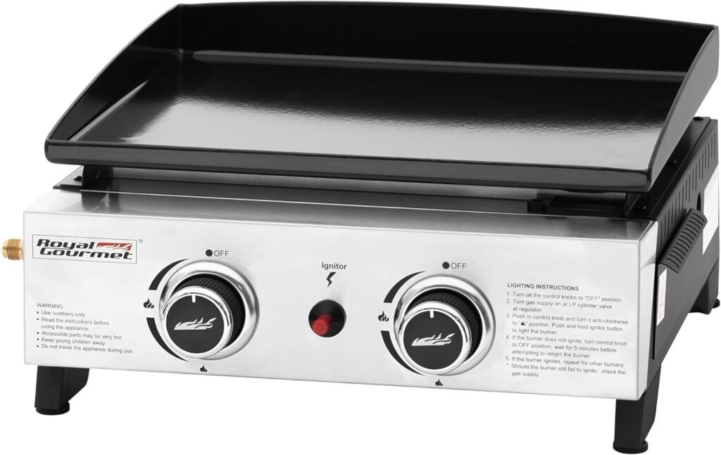 Royal Gourmet PD1204 2-Burner Tabletop Gas Griddle, 17-Inch Portable Flat Top Grill, 17,000 BTUs Propane Fueled, Outdoor Barbecue Cooking While Camping or Tailgating, Black  Silver