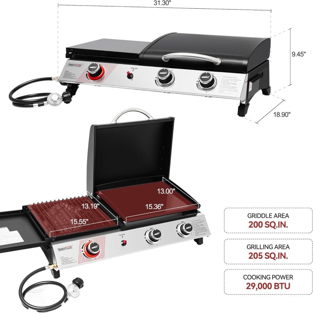 Royal Gourmet PD1305H 3-Burner Portable Propane Gas Grill and Griddle Combo with Lid, 29,000 BTUs Grill Griddle Combo Station for Outdoor Cooking, 405 Sq. In. Cooking Area, Silver  Black