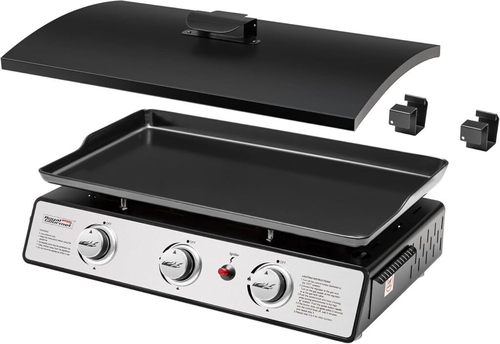 Royal Gourmet PD2301S 3-Burner Tabletop Propane Gas Griddle with Hard Cover, 24 Inch Portable Griddle with Detachable Griddle Top for Outdoor Camping, Tailgating, Picnicking, Silver  Black