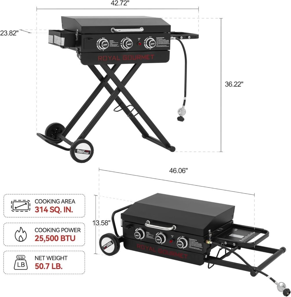 Royal Gourmet PD3001 3-Burner Propane Gas Griddle with Collapsible Stand, 23-Inch Portable Griddle with Side Table  314 Sq. In. Cooking Area for Camping, Tailgating, Backyard  Patio, Black