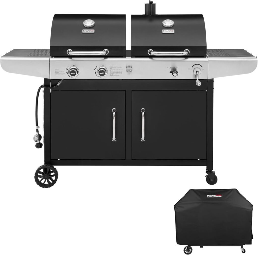 Royal Gourmet ZH3002C Propane Gas and Charcoal Grill Combo with Cover, Dual Fuel Outdoor BBQ Grill with 2 Side Shelves for Patio Garden Picnic Backyard Cooking, 20,000 BTUs, Black