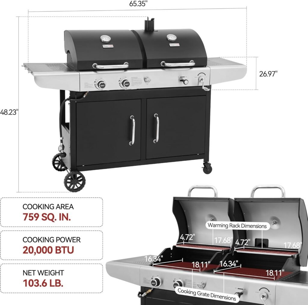 Royal Gourmet ZH3002C Propane Gas and Charcoal Grill Combo with Cover, Dual Fuel Outdoor BBQ Grill with 2 Side Shelves for Patio Garden Picnic Backyard Cooking, 20,000 BTUs, Black