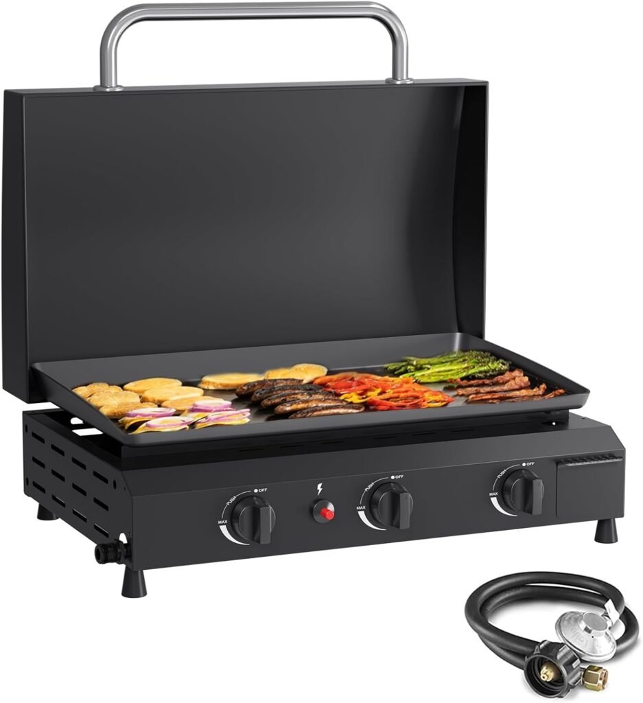 SKOK 3 Burner Gas Griddle with Hood- 23.3 Inch Outdoor Propane Griddle-30000 BTU Propane Fuelled, Portable Flat Top Gas Grill Camping Griddle with Lid for Kitchen, Outdoor BBQ, Camping