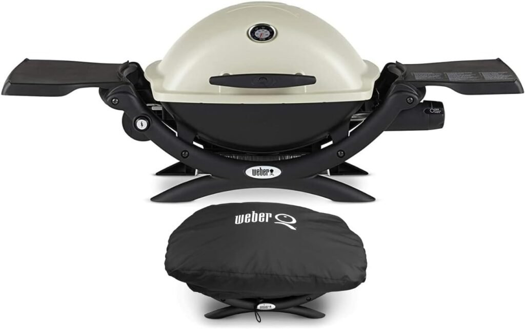 Weber Q1200 Liquid Propane Grill (Titanium) Bundle with Grill Cover (2 Items)